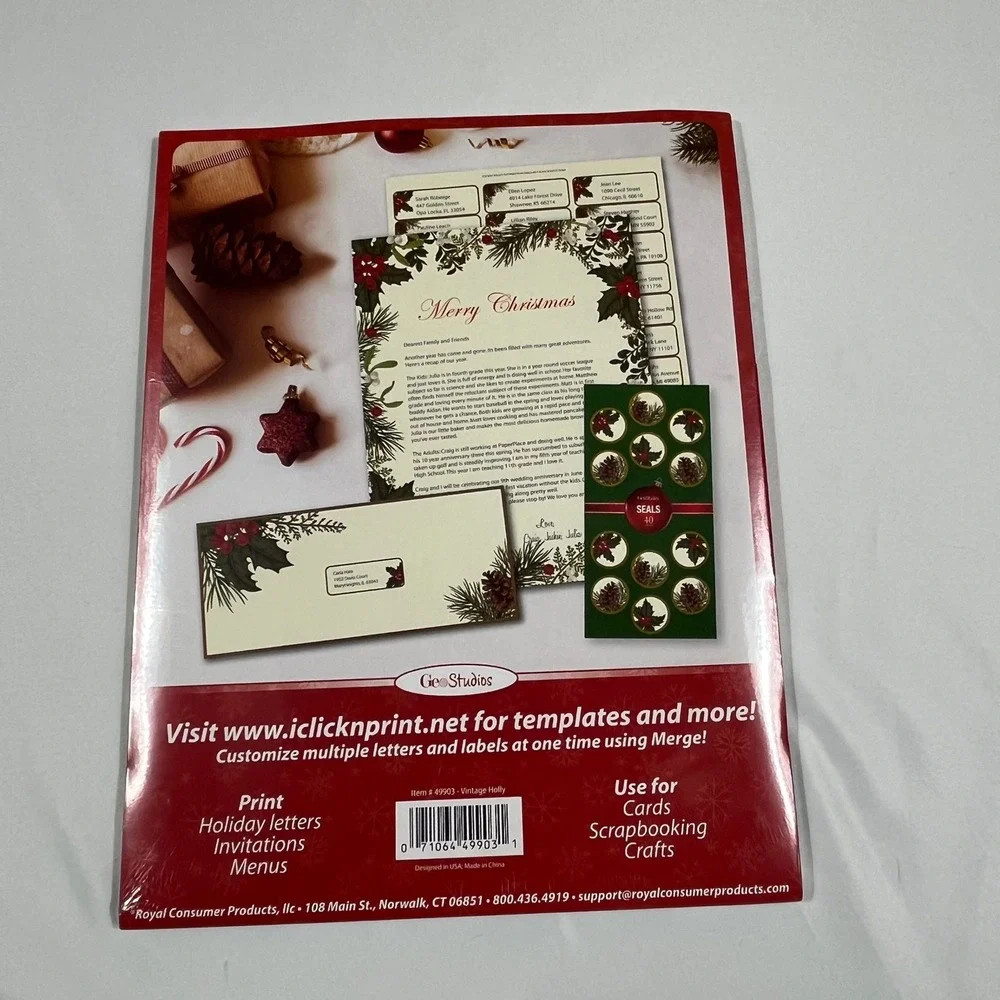 GeoStudios Holiday Stationery Set Vintage Holly 70ct Paper 70ct Env